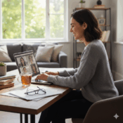 A woman smiling while working from home on her laptop, attending a virtual Intensive Outpatient Program (IOP) group session displayed on her screen.