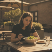 A woman sitting and having lunch trying to take care of her mental health by applying the HALT method for mental health
