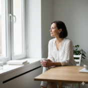 A person in early recovery sitting peacefully by a window, symbolizing the journey of healing from alcohol withdrawal.