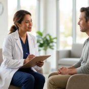 A supportive conversation between a medical professional and a patient in a bright, modern recovery clinic.