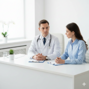 A patient and a doctor discussing a medical plan in a bright clinical office.